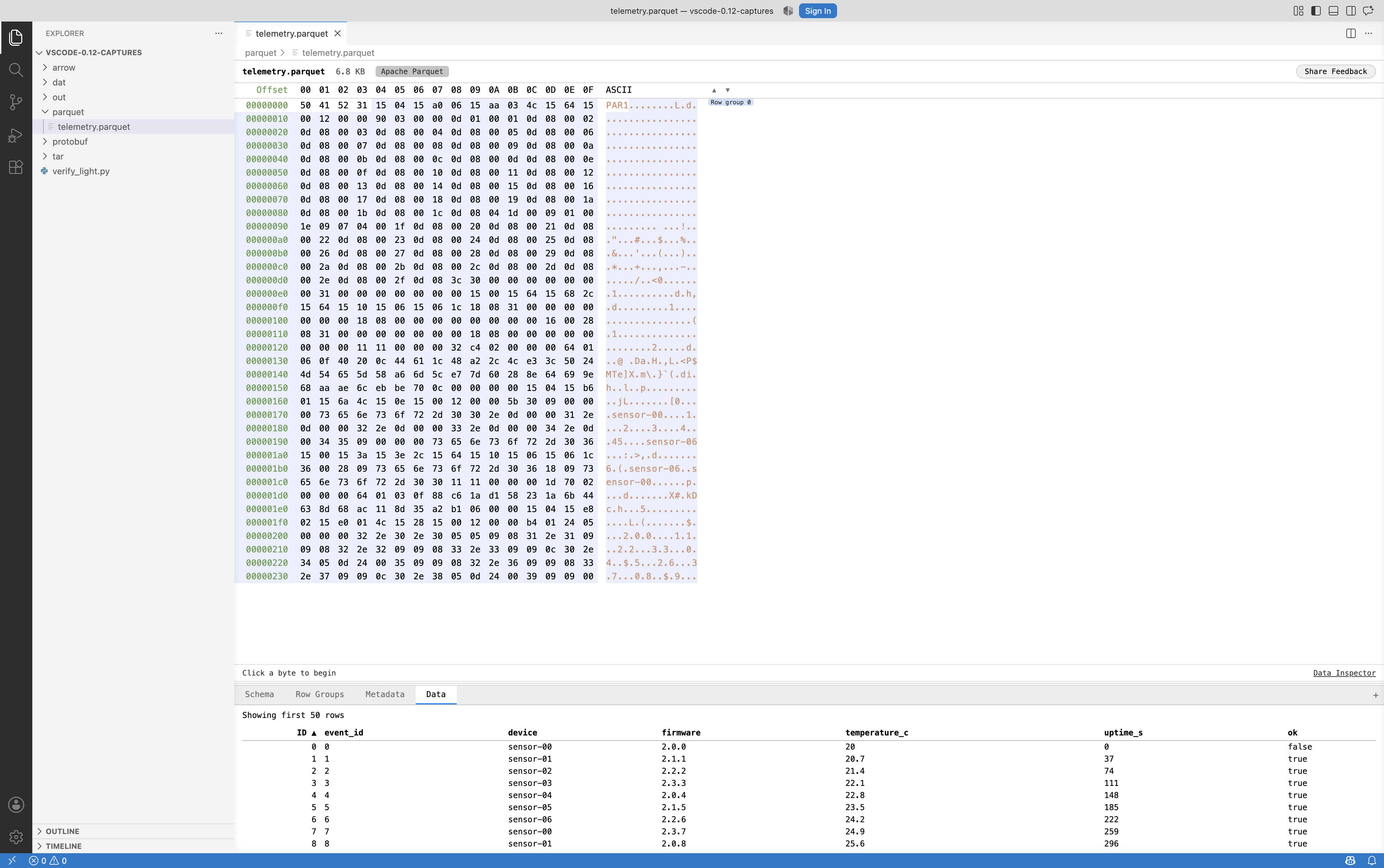 Parquet file with Row Groups and Data tabs