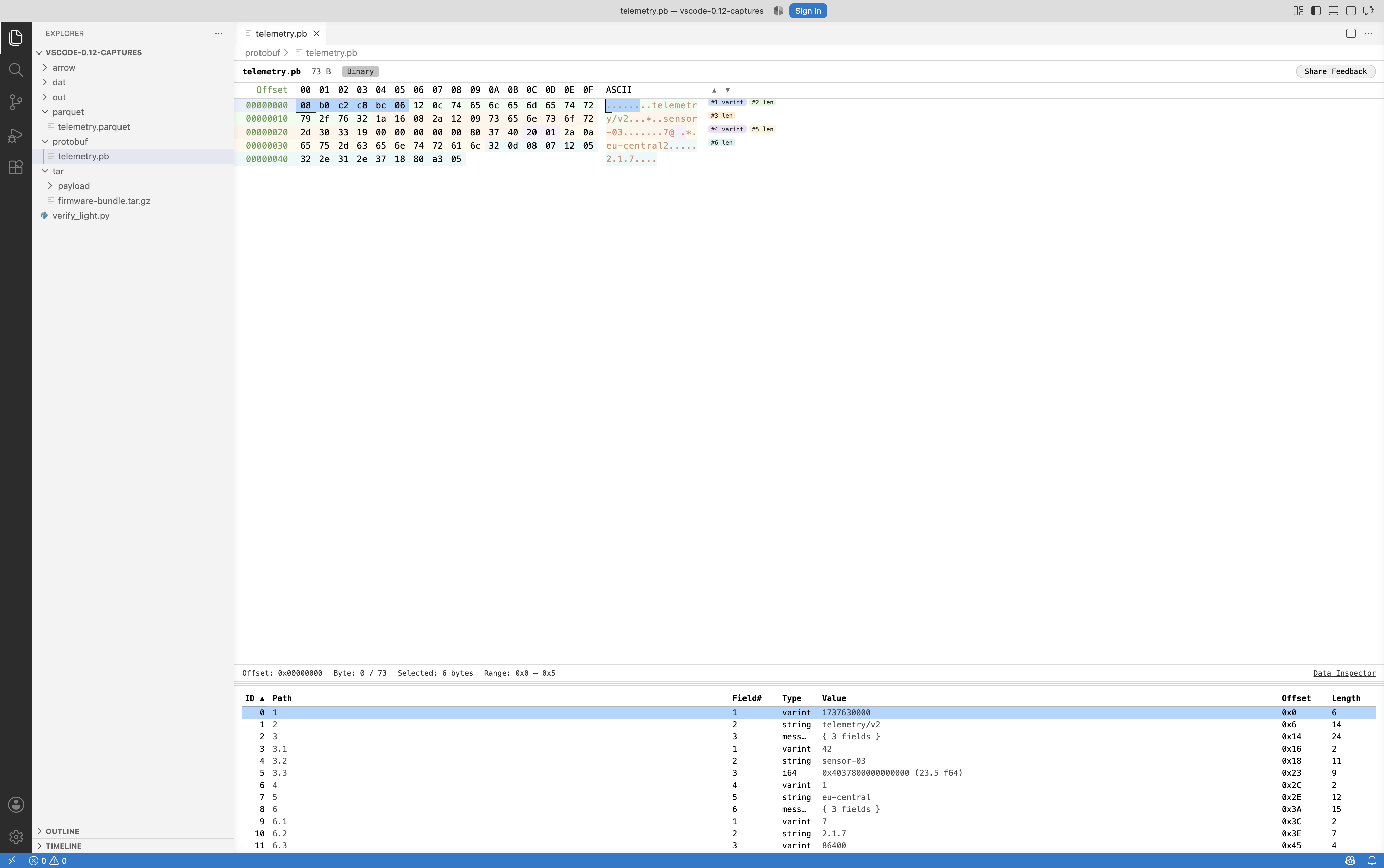 Protobuf wire message open in Hexana with field decoding