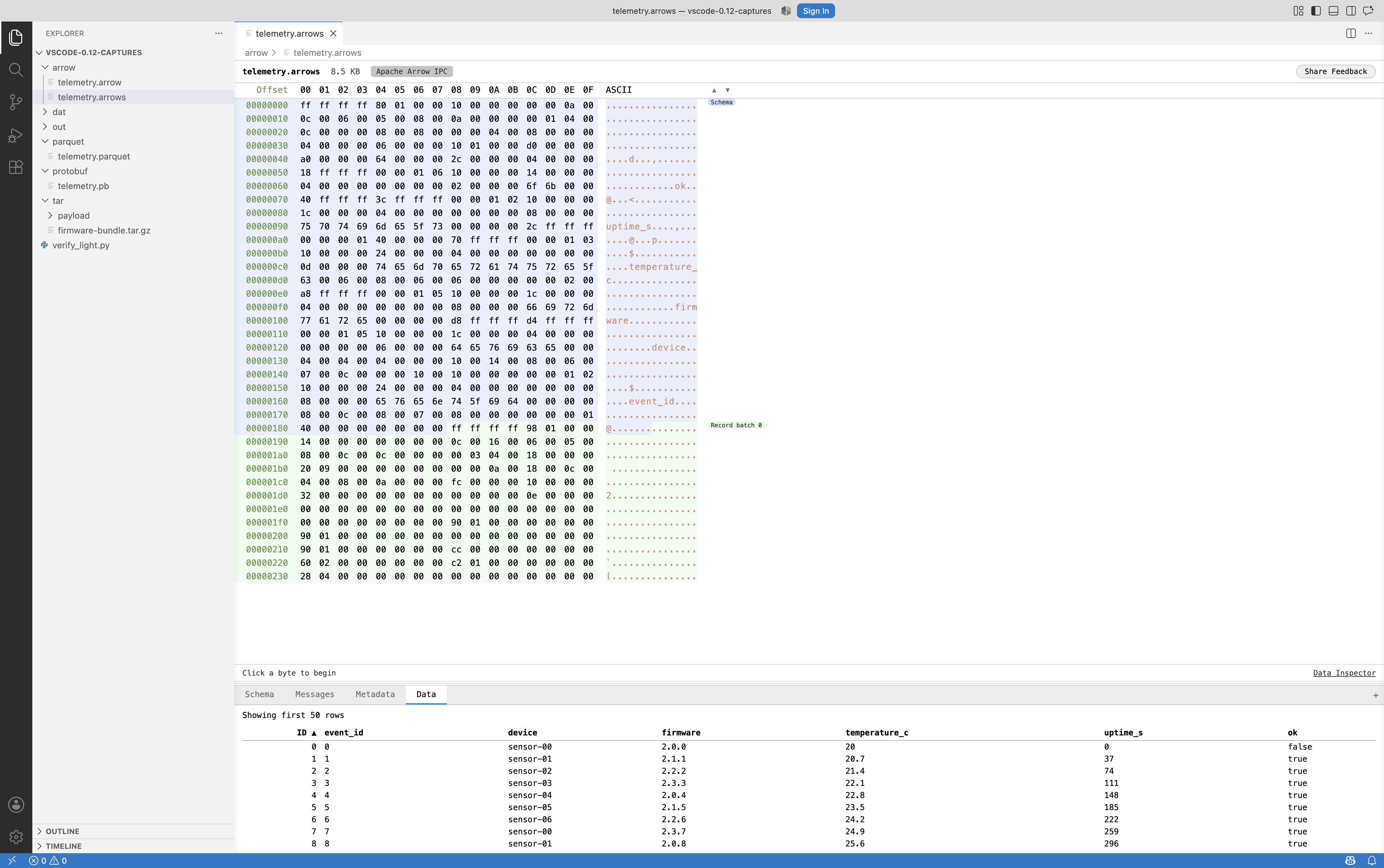 Arrow stream file open with Record Batches and Data tabs